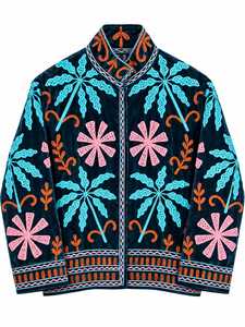 Navy Blue Velvet <b>Embroidered</b> Winter Breathable Bomber <b>Jacket</b> <b>Women</b> Solid Long Sleeve V-neck Collar Boho Fashion Outerwear Cotton - Product Image 6