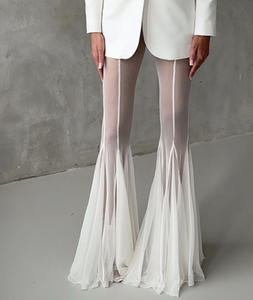 Femmes décontracté Patchwork plissé évasé pantalon Perspective maille mince pantalon nouveau 2025 été élastique taille haute Club pantalons longs - Product Image 6