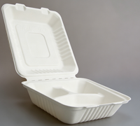 Boîte à lunch en bagasse de 8,7 pouces à 3 compartiments avec couvercle, biodégradable, micro-ondable, pour plats à emporter