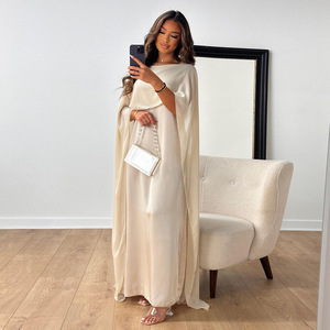 L0400 <span class=keywords><strong>AliExpress</strong></span> pour l'été européen et américain, robe longue décontractée <span class=keywords><strong>sexy</strong></span> en maille + satin, couleur unie, antistatique - Product Image 4