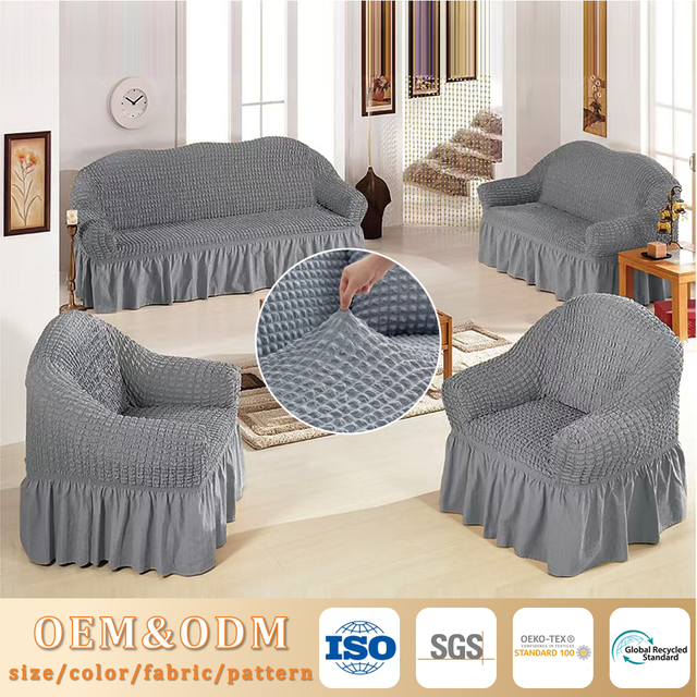 Non-Slip Polyester Ruffle Spandex Cushion Sofa Cover Universal Removable 2 Seater Bubble Frill Sofa Covers With Skirt