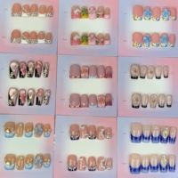 Lot de 10 faux ongles amande à pointe française, motif 3D sculpté, en poudre acrylique, décorations peintes à la main, ongles à presser faits main, fournitures pour ongles