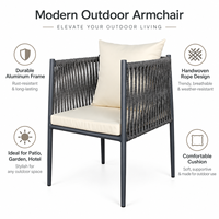 Fauteuil d'extérieur en corde tressée à la main avec coussin imperméable et structure en aluminium thermolaqué