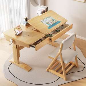 Bureau de travail ergonomique relevable pour les élèves du primaire et du secondaire Table d'étude en bois massif Chaise à hauteur réglable en bois élégant - Product Image 3