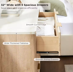 طاولة جانبية من خشب البلوط الطبيعي صديقة للبيئة بتصميم محزز، طراز منتصف القرن العصري، طاولة تخزين بثلاثة أدراج لغرفة النوم وغرفة المعيشة وغرفة الطعام - Product Image 2