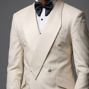 Özel Yapım Krem Rengi Jakarlı Kruvaze Sivri Yaka Smokin Ceket, Erkek Lüks Düğün Yemeği Takım Elbise Blazer'ı - Product Image 4