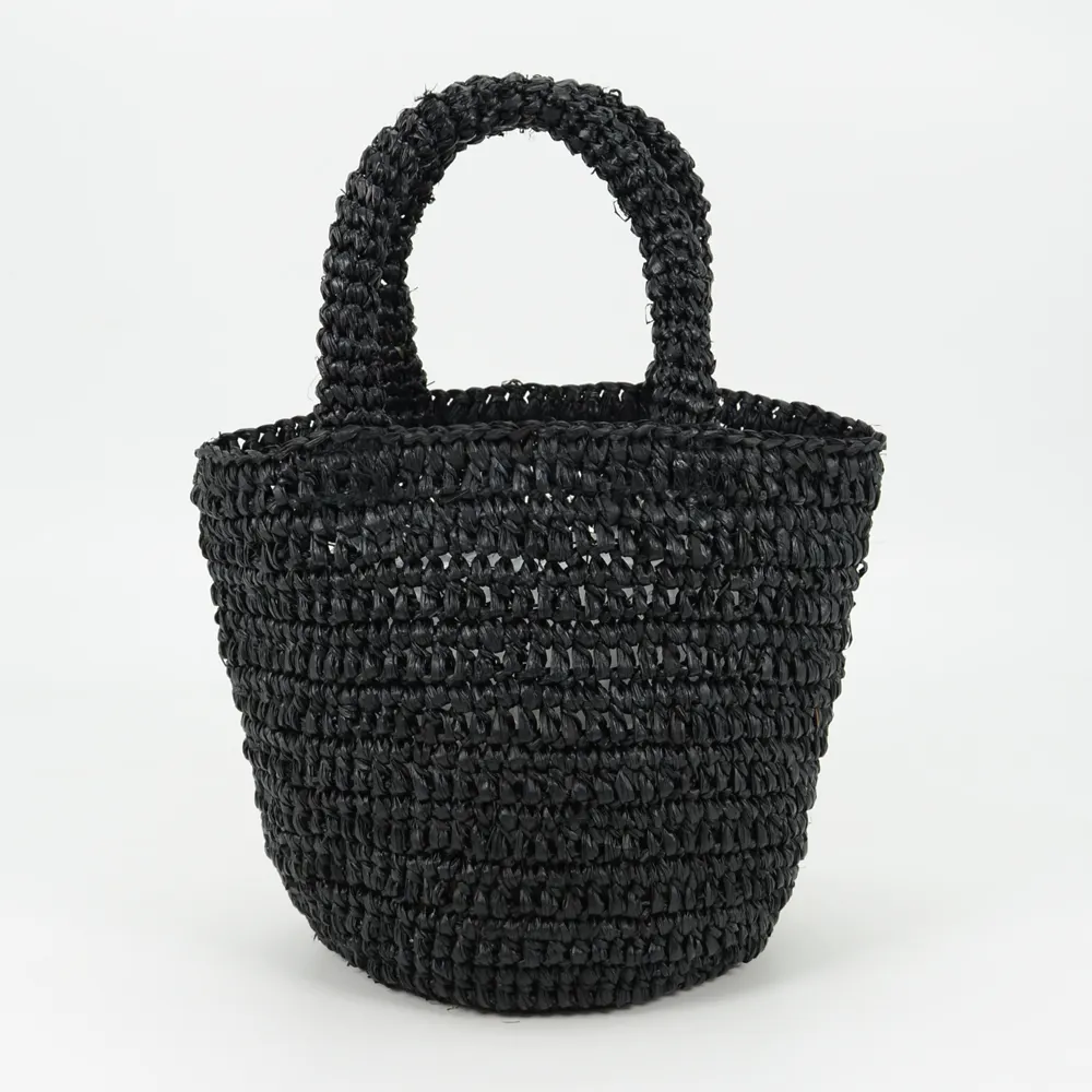 Mini Raffia Tote in Black Straw Handmade Crocheted Cute Handbag for Summer