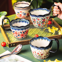 Produit chaud rétro luxe bohème cadeau fleur verres en céramique tasses à café tasses à lait avec plaque pour un usage domestique