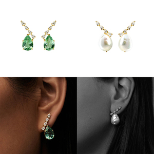 CANNER S925 Argent Sterling Simple Goutte d'eau en forme de poire Zircon Vert Sertissage à griffes Grand Pendentif Perle Boucles d'oreilles - Product Image 6