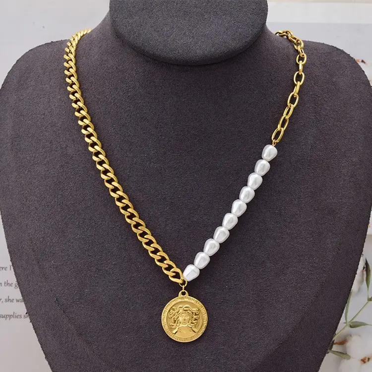 Trendy Schmuck vergoldet vergoldet Perlenkette Edelstahl Münze Porträt Anhänger Imitation Perlenkette für Frau