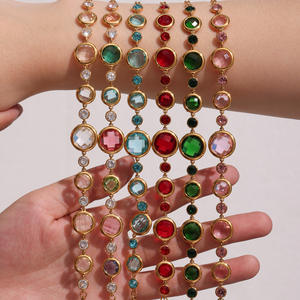 高品質18K金メッキステンレススチール製レディースチェーンリンクブレスレット、カラフルなガラスストーンのクラウン模様、完璧な贈り物 - Product Image 3