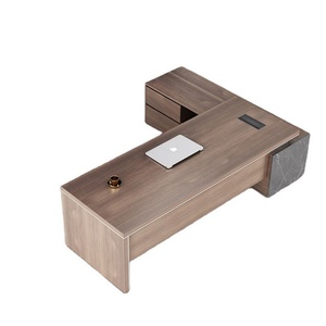 High Quality Executive Office <b>Desk</b> for Chairman Classic Wood Minimal Design Brown Wood Finish and Office Storage Cabinets - Product Image 1