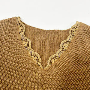 <span class=keywords><strong>Pull</strong></span> en dentelle de couleur unie personnalisé <span class=keywords><strong>femme</strong></span> nouveau automne col en V à manches longues chandails en tricot - Product Image 5