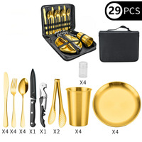 Ensemble de couverts d'extérieur en acier inoxydable 410 finition miroir pour le camping, les pique-niques et les repas - Ensemble portable de couteau, fourchette, cuillère et assiette