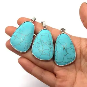 Unisex fashion Synthetic Blue Turquoise jewelry Pendants with Brass silver color plated 22x44mm 1614946