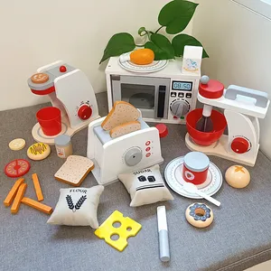 Bebek ahşap ev mikrodalga fırın ekmek makinesi kahve makinesi seti çocuk bulmaca simülasyon mutfak kesme oyuncaklar