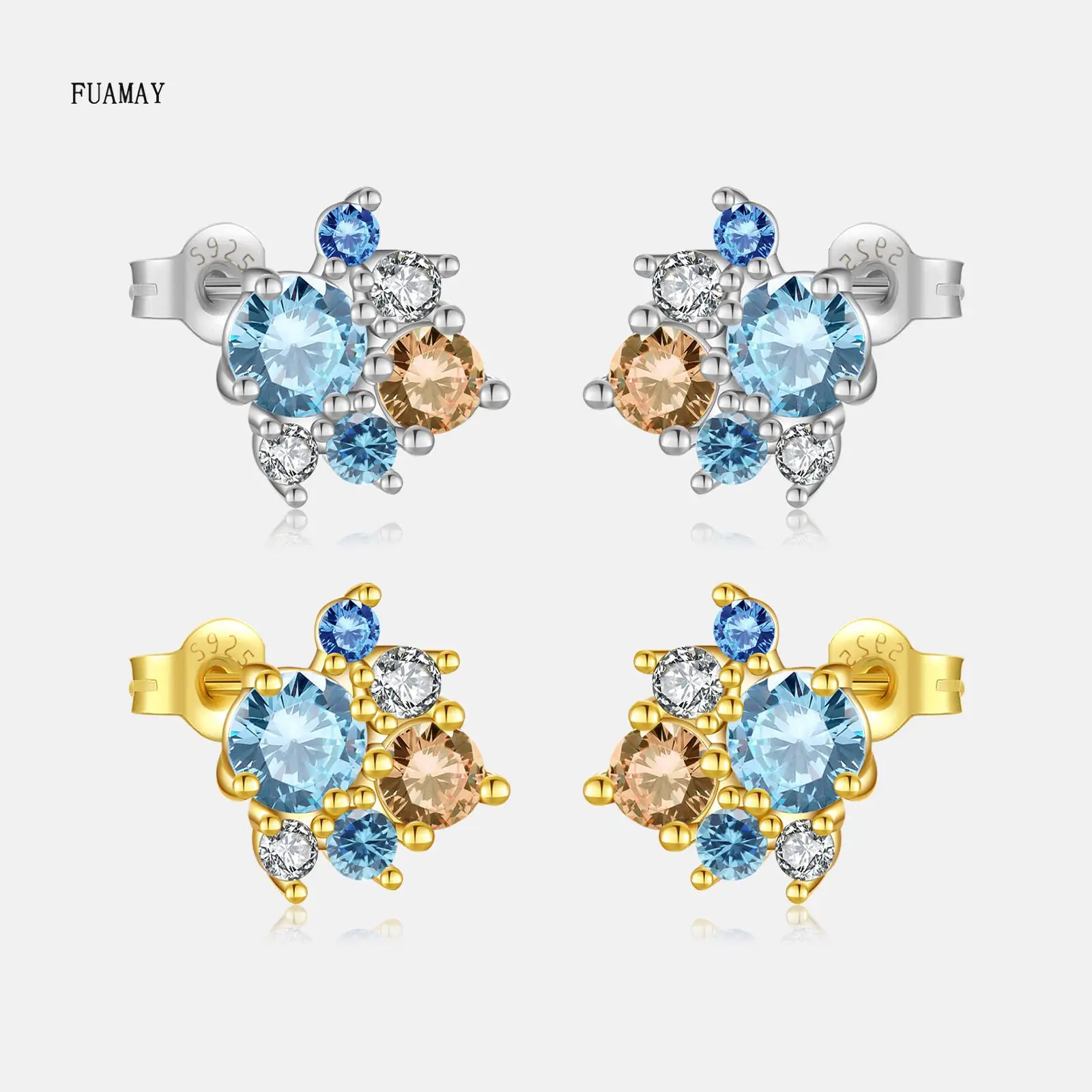 FUAMAY mode 18K plaqué or 925 argent contraste couleur Zircon Bling boucles d'oreilles bleu grappe fleur diamant Zircon boucles d'oreilles