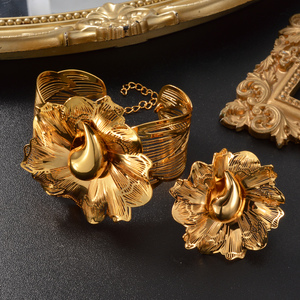textured open cuff prominent floral ornament bulk wholesale copper made 18k gold plated fine women <b>bangle</b> bracelet ring <b>set</b> - Product Image 5