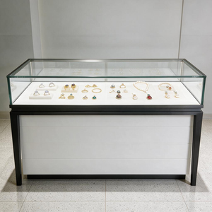 Vitrine de Luxe pour Bijoux avec Plateau en Verre, Base en Bois Foncé et Cadre Métallique, Éclairage LED Flottant, Tiroirs Verrouillables, pour Comptoir de Boutique de Détail - Product Image 3