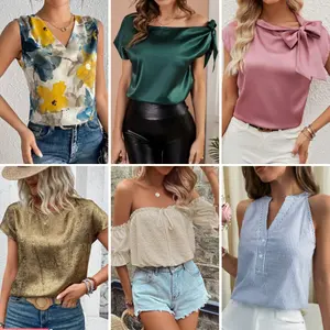 Brand new women's casual loose top V-neck button fashionable chiffon sexy top inventory mixed style