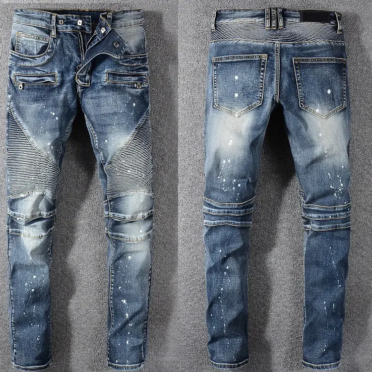 Бесплатная доставка; Новые стильные французские мужские <span class=keywords><strong>мото</strong></span> брюки в рубчик промасленный мытого синего цвета обтягивающие байкерские джинсы обтягивающие брюки-стрейч на размер