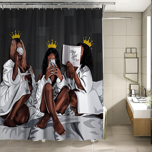 カスタム3Dデジタルプリントのアフリカ系アメリカ人の黒人少女柄、防水で環境に優しいポリエステル製バスルームシャワーカーテン（フック12個付き） - Product Image 2