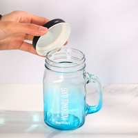 Bouteille en verre Mason de 500 ml avec logo personnalisé, couleur dégradée, avec poignée et couvercle avec trou pour paille, pour jus, thé au lait, boissons froides