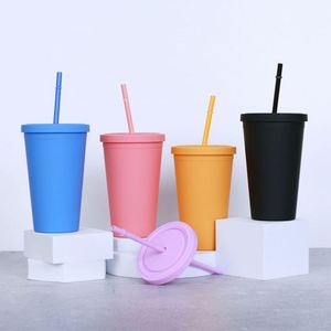 Gobelet à bulles en acrylique mat de 16 oz avec logo personnalisé imprimé, double paroi, réutilisable, avec paille et couvercle - Product Image 1