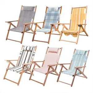 Silla de Playa Vintage de <span class=keywords><strong>Madera</strong></span> con Reposabrazos, Silla <span class=keywords><strong>Plegable</strong></span> de <span class=keywords><strong>Lona</strong></span> con Almohada, <span class=keywords><strong>Tumbona</strong></span> Retro a Rayas para Exteriores - Product Image 1
