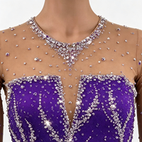 Robe de patinage artistique violette pour filles, justaucorps à manches longues en maille orné de strass et de cristaux, avec découpe en forme de larme au dos, pour la compétition