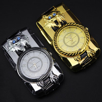 Briquet créatif en métal gonflable avec lumières colorées et montre électronique, coupe-vent, au butane