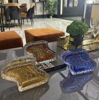 Objet décoratif en verre artistique bleu, plat géométrique en cristal avec bord effet glace transparent, sculpture de table élégante pour la maison moderne, idée cadeau
