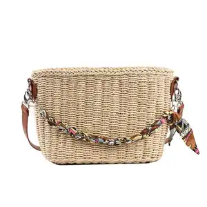 Summer Wholesale Holiday Leisure Rattan Small Square Shoulder Bag Women Vintage Straw Handwoven Silk Scarf Beach Bucket Handbag