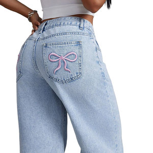 <span class=keywords><strong>Vaqueros</strong></span> <span class=keywords><strong>de</strong></span> mezclilla <span class=keywords><strong>de</strong></span> algodón 100% ecológicos para <span class=keywords><strong>mujer</strong></span>, <span class=keywords><strong>de</strong></span> cintura alta, corte holgado, pierna recta, color rosa liso con lazo bordado y botones, ideales para el verano. - Product Image 3