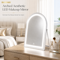 Miroir de maquillage en bois cintrée avec haut-parleur Bluetooth, éclairage LED 3 couleurs à intensité variable en continu, vente en gros OEM