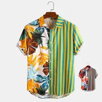 Mannen Hawaiian Shirt Korte Mouw Streetwear Print Gestreepte Patchwork Zomer Blouse 2021 Man Strand Overhemd