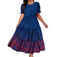 Robe longue maxi à volants pour femmes grandes tailles, bleu royal et noir, motif tribal polynésien géométrique, manches courtes bouffantes, style ample
