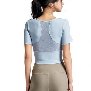 Women's Ribbed Built-in <b>Bra</b> Yoga Top Square Neck Mesh <b>Back</b> Crop Top High Stretch Breathable Athletic Workout T Shirt Wholesale - Product Image 2
