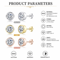Boucles d'oreilles clous en moissanite, argent sterling 925, rondes 5mm 6.5mm, serties clos, VVS1 couleur D, 3 couleurs, bijoux
