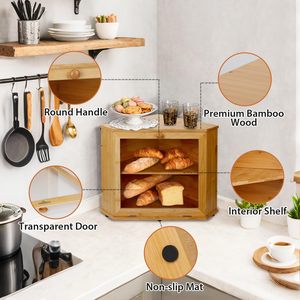 Boîte à pain en bambou à double couche avec porte en acrylique, conteneur de rangement alimentaire pour la cuisine et le bureau - Product Image 3