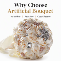 Buket Tangan Pengantin Mewah dengan Ornamen Mutiara Kristal Berlian Imitasi Mawar Satin Dekorasi Pernikahan Ivory untuk Pemotretan Upacara Pernikahan