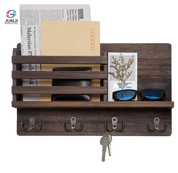 JUNJI Wall Mounted Mail Holder Wooden Mail Sorter Organizer with 4 Double Key Hooks and A Floating Shelf Rustic Home Decor