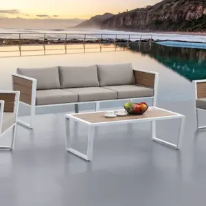 Veranda salonu seti ticari Modern tasarım alüminyum çerçeve ahşap renk bahçe koltuk takımları mobilya