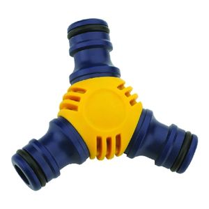 Conector de manguera de jardín de 3 vías, divisor de plástico azul y amarillo de 12 cm para sistema de riego - Product Image 1