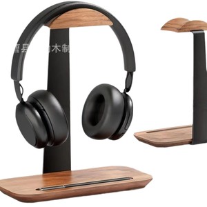 Support pour casque en bois, support de bureau en fer et bois pour casque de jeu avec support pour téléphone et fente pour stylo - Product Image 2