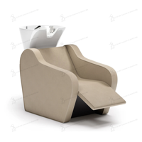Station de lavage de cheveux de luxe haut de gamme personnalisée pour salon de coiffure et institut de beauté, avec bac en céramique, fauteuil de lavage et chaise de douche