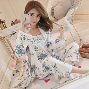 Pyjama en soie de lait pour femmes, style coréen, ensemble trois pièces à manches longues, vêtements de nuit d'été et d'automne, tissu polyester fin - Product Image 1