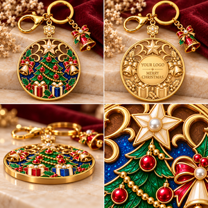 Custom Luxury Christmas <b>Tree</b> Openwork Cloisonne Enamel Keychain with Pearl Inlays Bell Charm Gift Packaging OEM ODM - Product Image 3