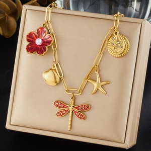 European American <b>Light</b> Luxury Gold Plated Stainless Steel Pendant Necklace With Flower Dragonfly Starfish <b>Shell</b> Charm - Product Image 1