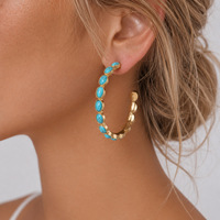 Bijoux de mode OEM/ODM, boucles d'oreilles géométriques en métal et résine vintage en forme de C, pierre turquoise, boucles d'oreilles créoles vertes dorées